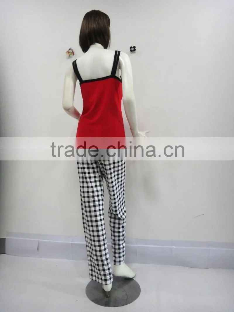 Red classic grid three-piece binding pajamas woman