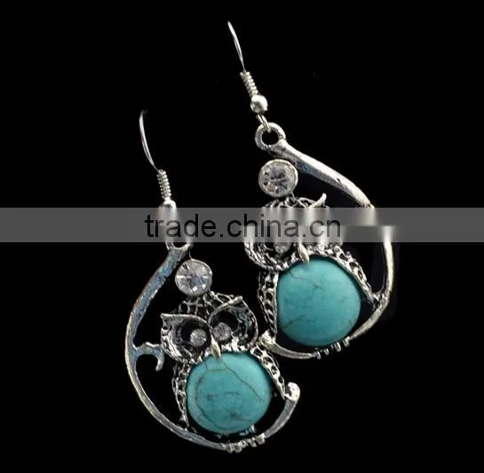 New Arrival Fashion Bohemia owl Silver Plated Turquoise Pendant Alloy Earrings