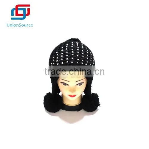 Hot Sale Black Acrylic Knitted Warm Hat for Girls with 3 Balls