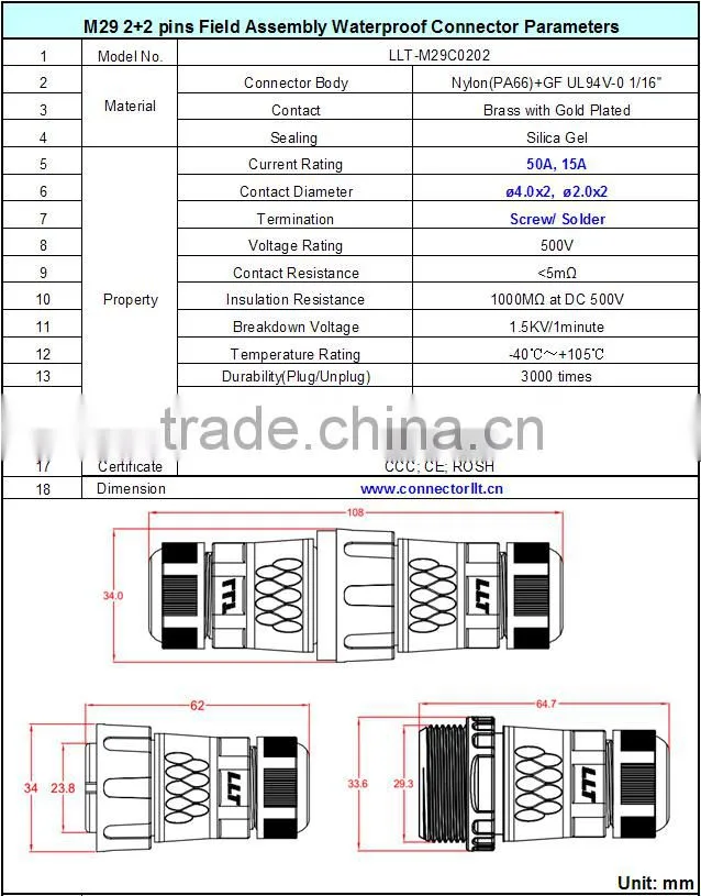 50A/15A high current power cord screw and solder termination waterproof connector