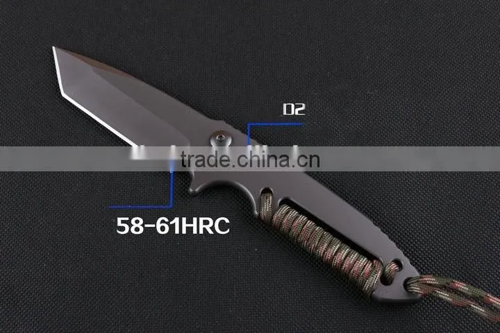 OEM full tang D2 steel military knife with survival rope