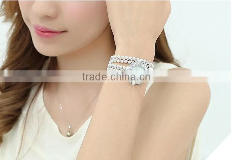 Fashin Alloy Chain Watch 2 Circles Rectangle Pearl Crystal Case Bracelet Luxury ladies Watches