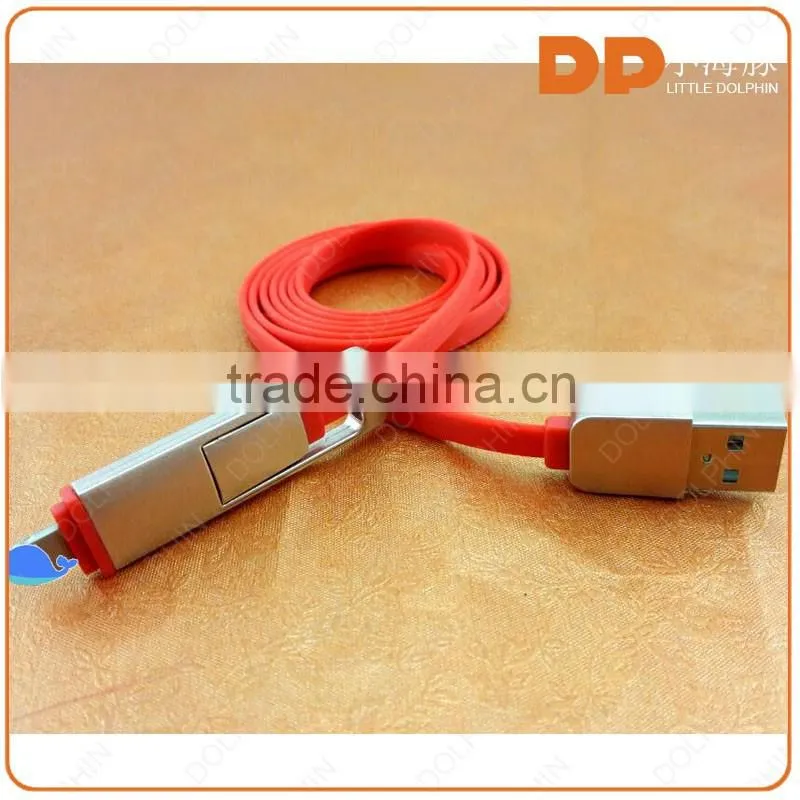 Hotsale data charging and sync 2 in 1 usb cable flat usb cable for iphone 4s 5 5s 6 6plus and samsung