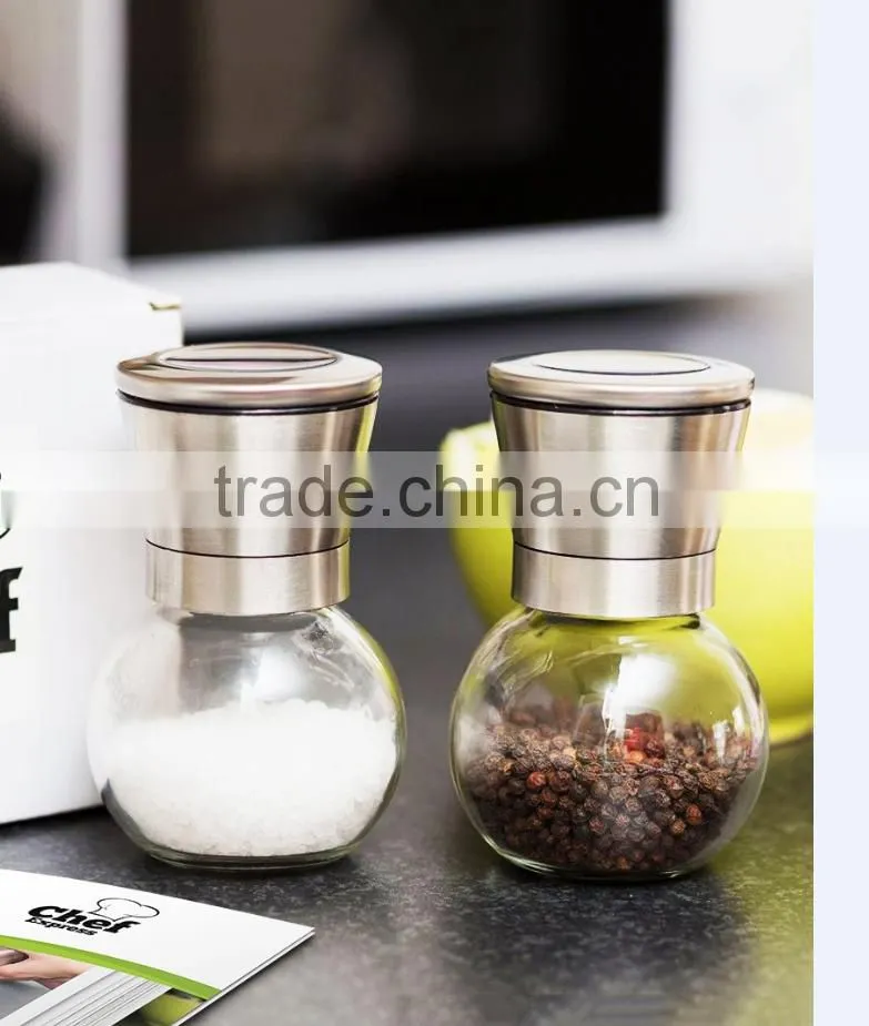 manual glass spice bottle grinder/pepper and salt mill 6 Oz Glass Body and 5 Grade Adjustable Ceramic Rotor