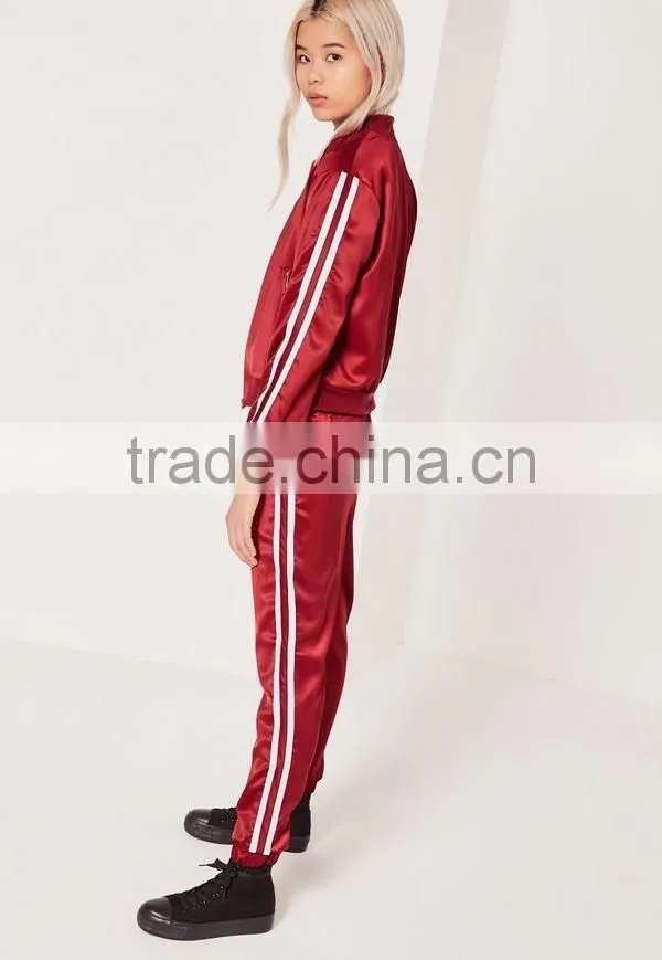 High Quality Custom Silk Flare Red Stripe Panel Satin Bomber Jacket Women Sports Gym Running Active Wear Clothing Set