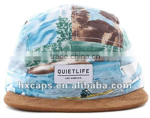 Custom flat suede brim country style printed 5 panel hat