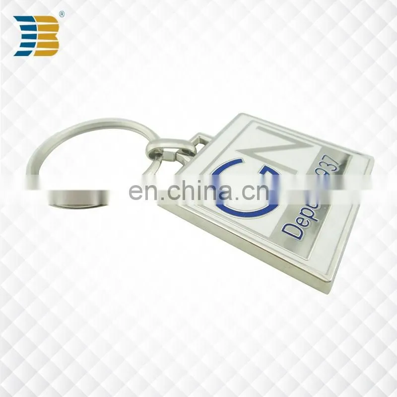 square custom made metal zinc plating keychain with keyring