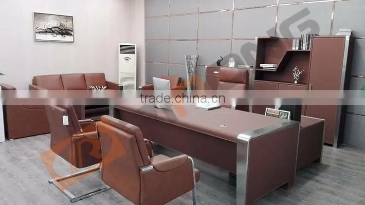 Antique customized colorful wooden commercial front executive office desk with genuine leather cover design