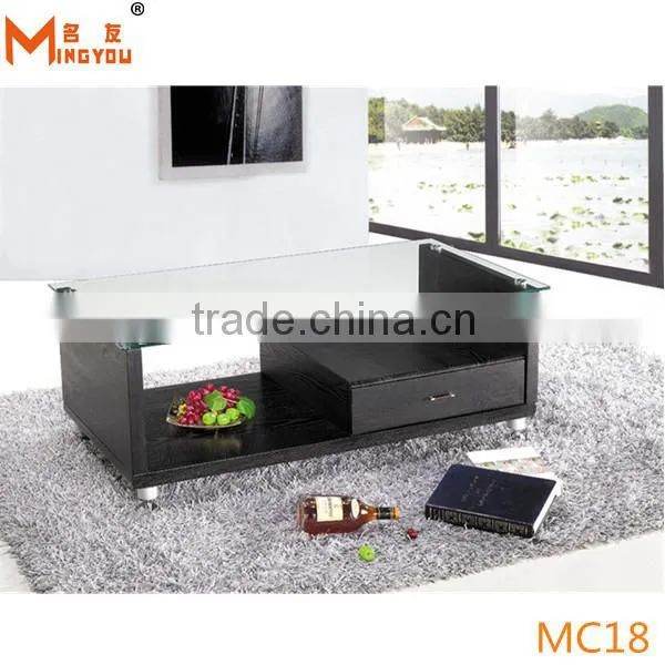 glass top wood base coffee table made in china