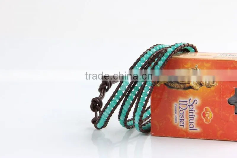 New Trendy Leather Wrap Bracelet 4MM Green Stone Handmade Bead Bracelets Bead Jewelry Manufacturer