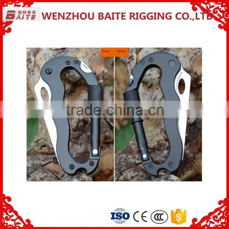 Outdoor Black multipul-purpose aluminum alloy snap hook, aluminum carabiner with screw ,with knife ,with bottle opener