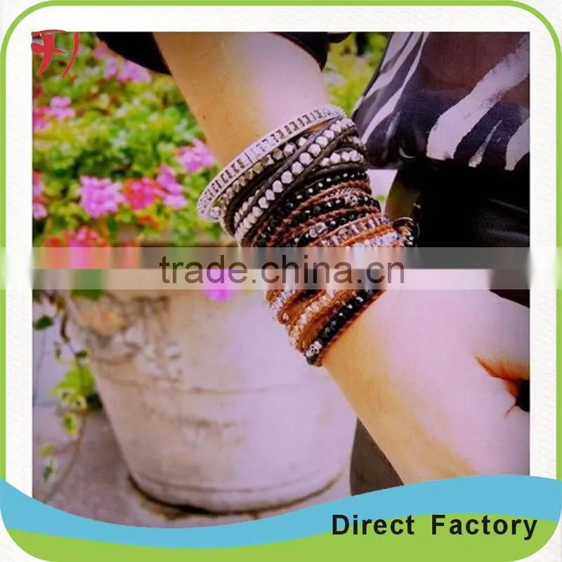 White And Brown Crystal Mix Wrap Bracelet On Contrasting Brown Leather With A Stainless Steel Clasp