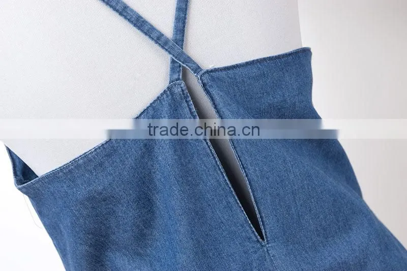 2015 fashion Hot Girl Sexy Backless Cross Spaghtti Strap Denim Dress