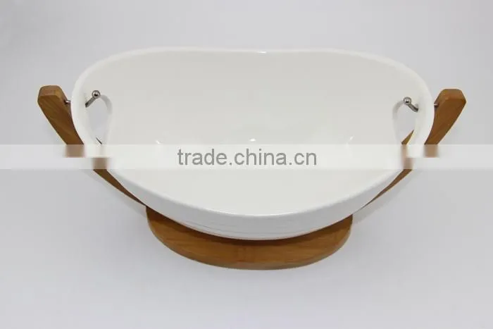 FASHION supermarket hot selling ceramic fruit bowl with bamboo rack