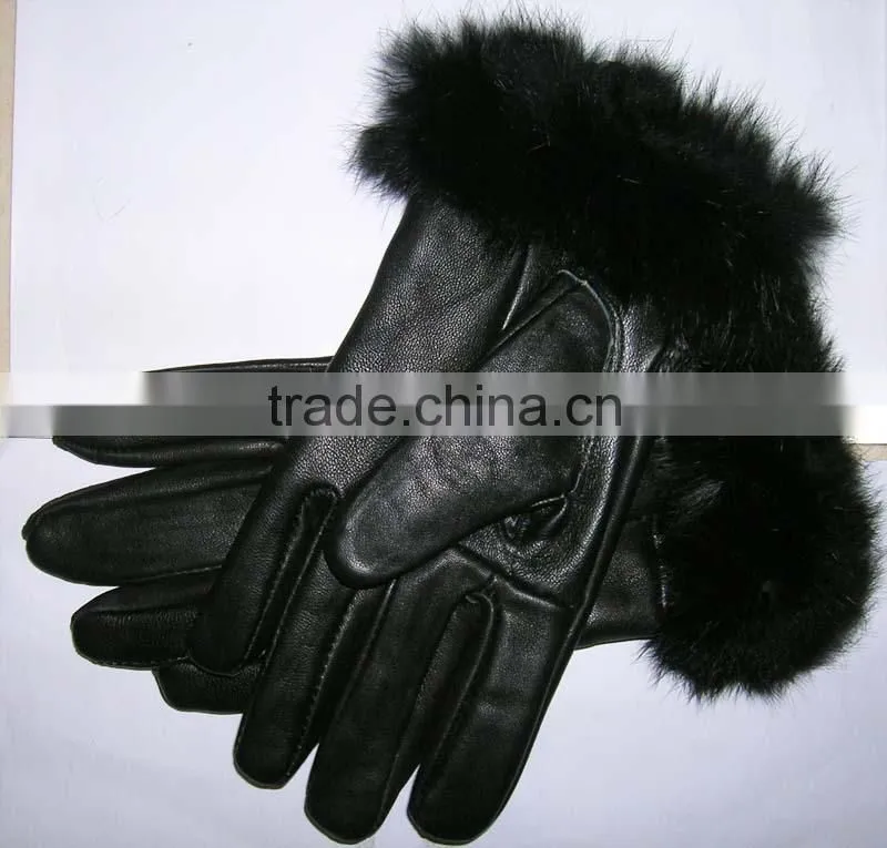 rabbit fur cuff lady real genuine leather gloves LG-06