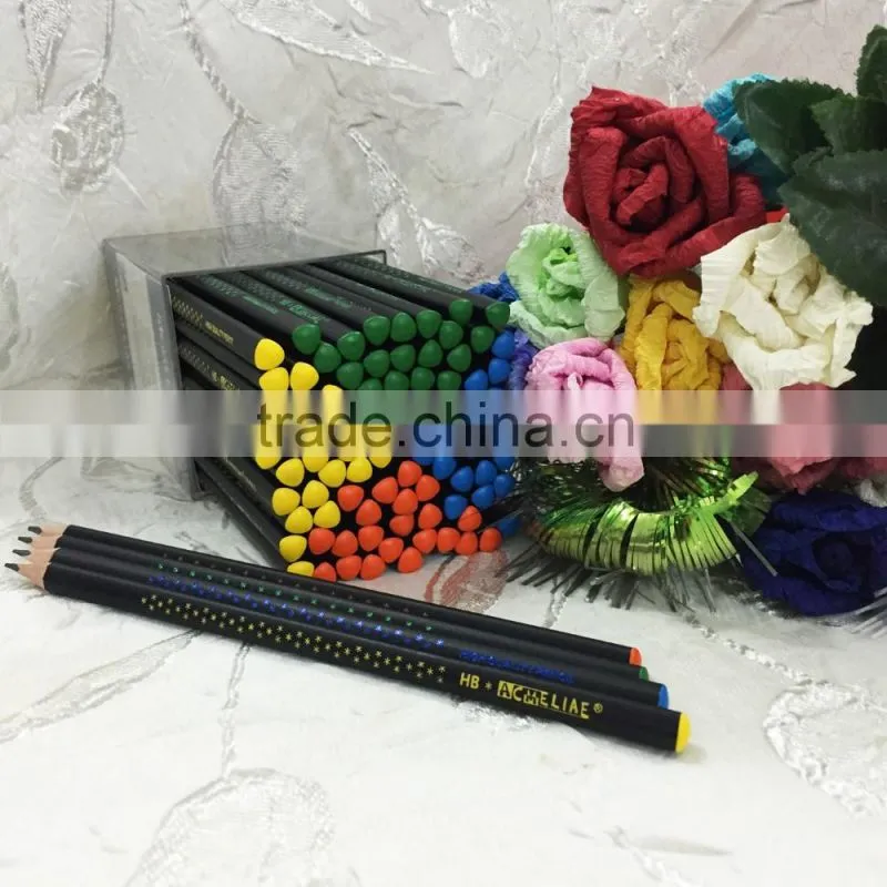 7" standard size triangular shape soft wood 72pcs matt black body HB pencil with dipped top