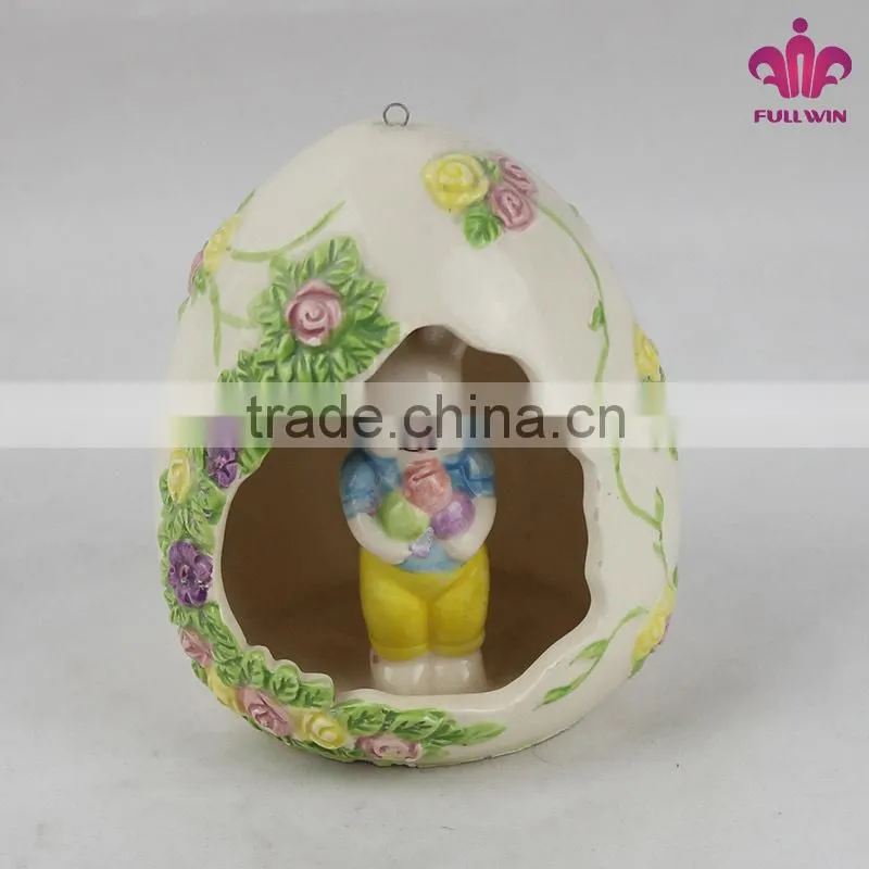Ceramic Cute Egg House with Bunny for Easter Hanging Decoration