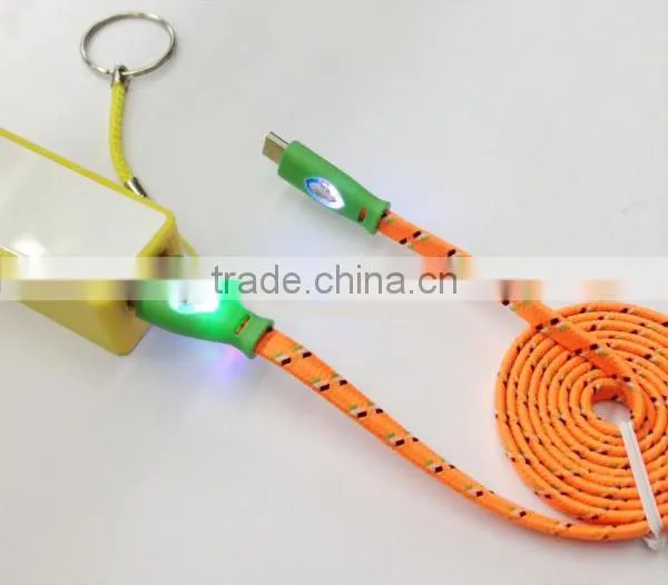 New Fashionable Colorful Flat Noodle Diamond LED Fabric Braided Micro USB Cable for Samsung HTC