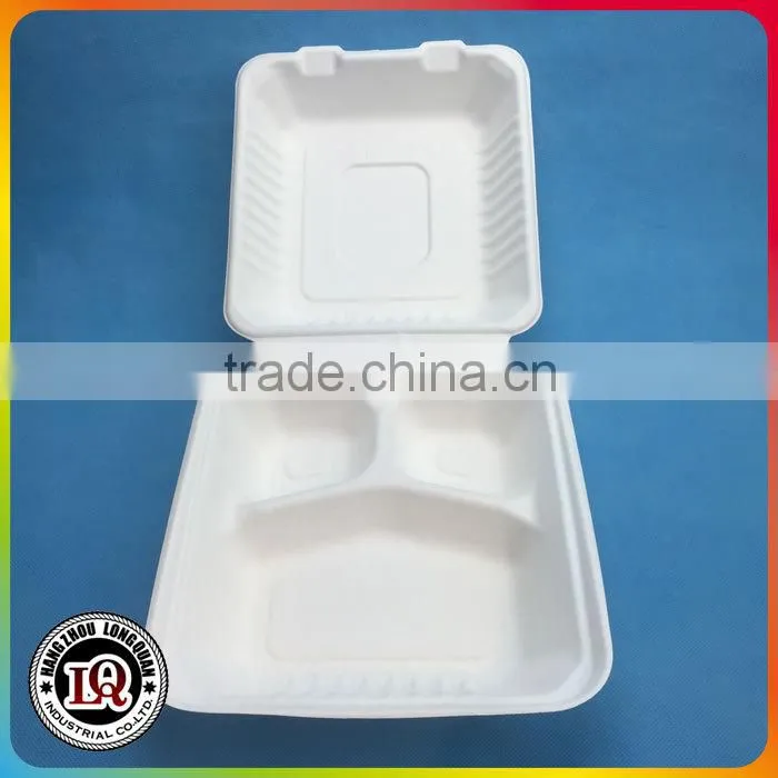 Disposable 3 Parts Sugar Cane Biodegradable Fast Food Container