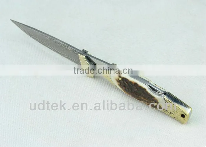 Antler + Brass Handle OEM Damascus Steel Folding Knife Collection Knife Hand Tool UDTEK01304