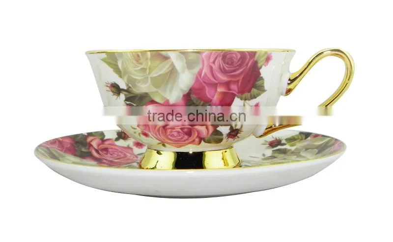 High Quality 200ml Bone China European Style Flower Pattern Coffee Mug with Saucer Set for Valentines Gift
