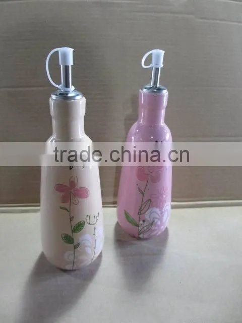 Round Ceramic oil olive vinegar bottle set with stripe pattern