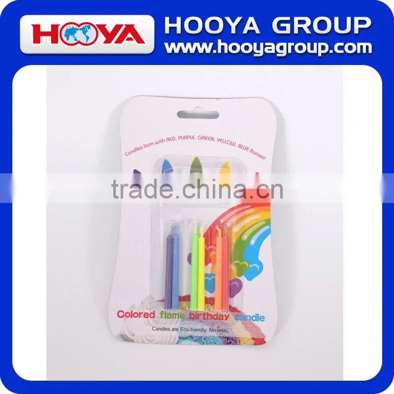 Colored flame birthday candle with red purple green yellow blue flames