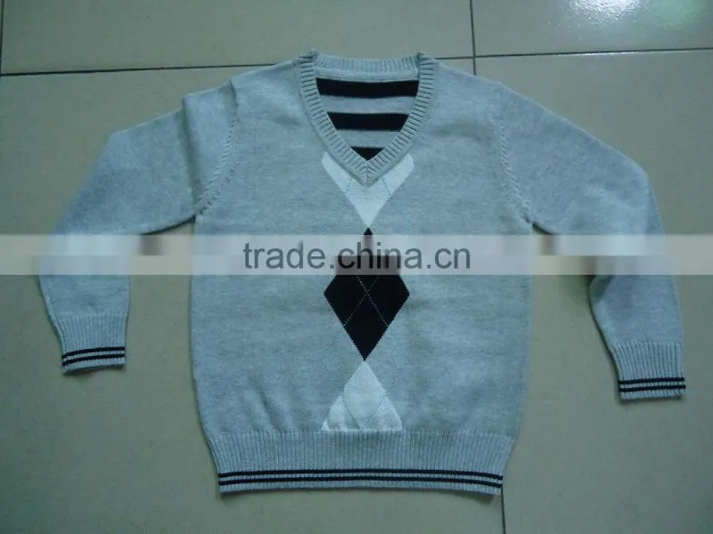 v-neck pure cotton knitting back stripe boys argyle sweater