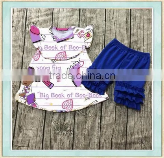 Back to school boutique outfit flutter sleeve and bule ruffle short pant holiday clothing kids sets