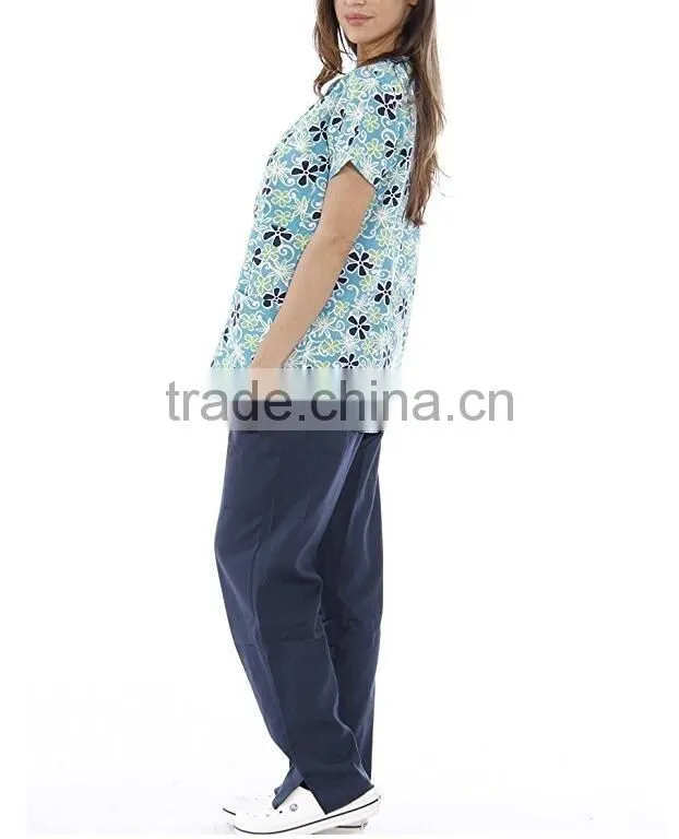 Printed medical workwear mock wrap unifrom set oem service supply