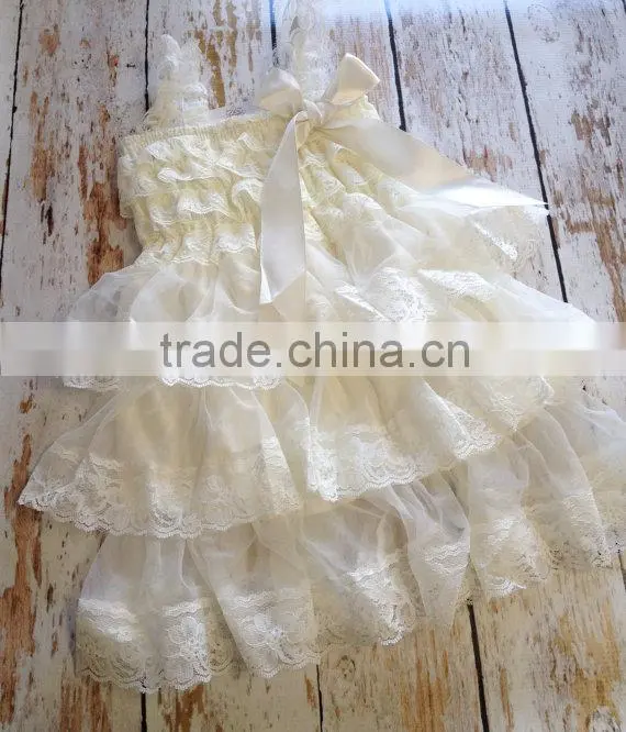 new design Ivory petti lace ruffle dress , baby dress pattern flower girl