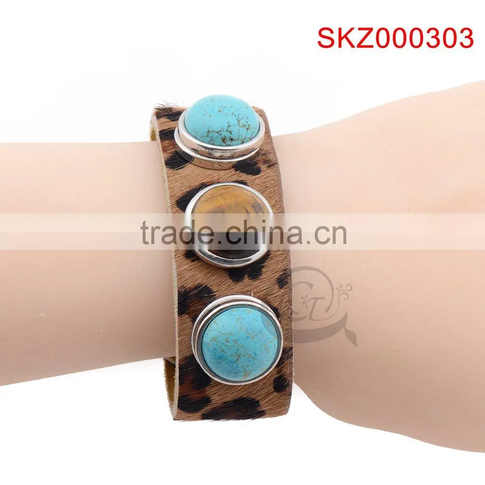 2015 new products leather snap botton natural stone bracelet