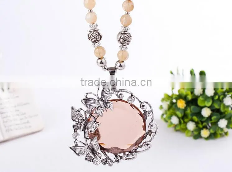 Fashion Jewelry Circle Shaped Crystal Pendant Necklace Beads Chain Long Necklace