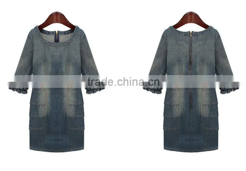 2015 New arrival Latest half sleeve denim halter dress retro denim woman one-piece office dress