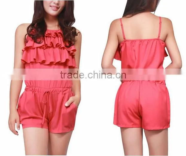 Women Tiered Ruffled Upper Adjustable Straps Drawstring Waist Romper/women wholesale casual dresses 2015 direct factory