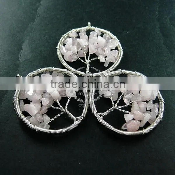 50mm round handmade wiring tree in random pink rose quartz stone pendant charm DIY supplies 1820257