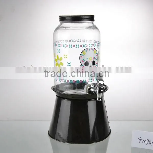Halloween juice dispenser skull paper transfer with black lid metal s'tand