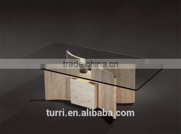 Modern design travertine marble base glass top coffee table