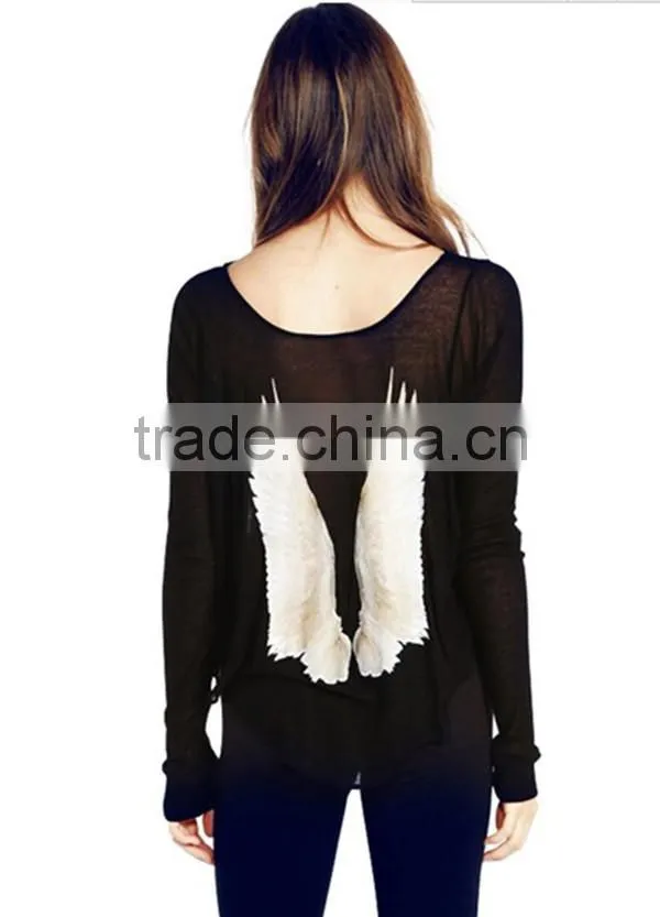 New design plus size round neck black and white loose bat sleeve casual clothes Wing printing t shirt blank t-shirt