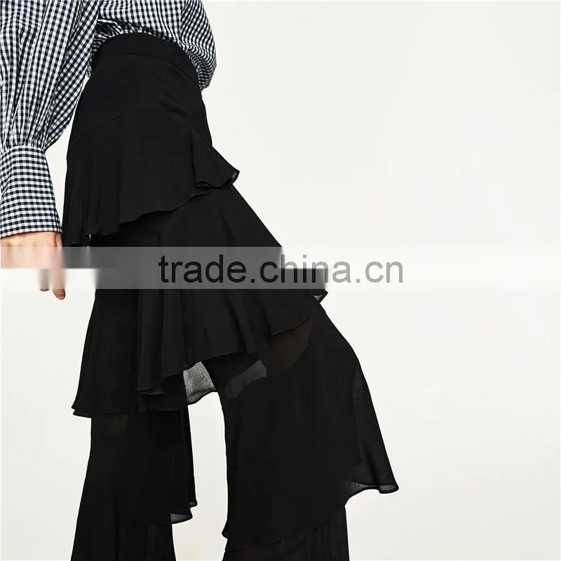 2017 spring womens elegant fancy side zip off frilled long dress pants