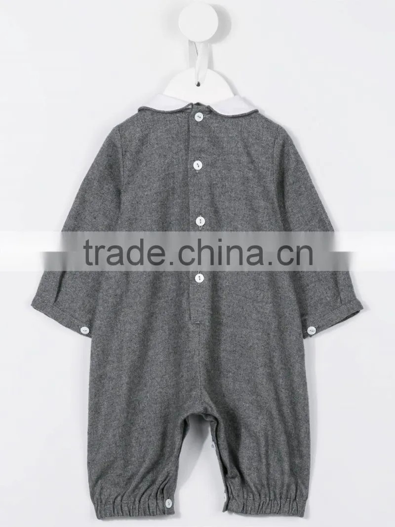 Grey Flannel Collared Winter Baby Romper for Little Cute Baby with Button Fastening and Button Cuffs
