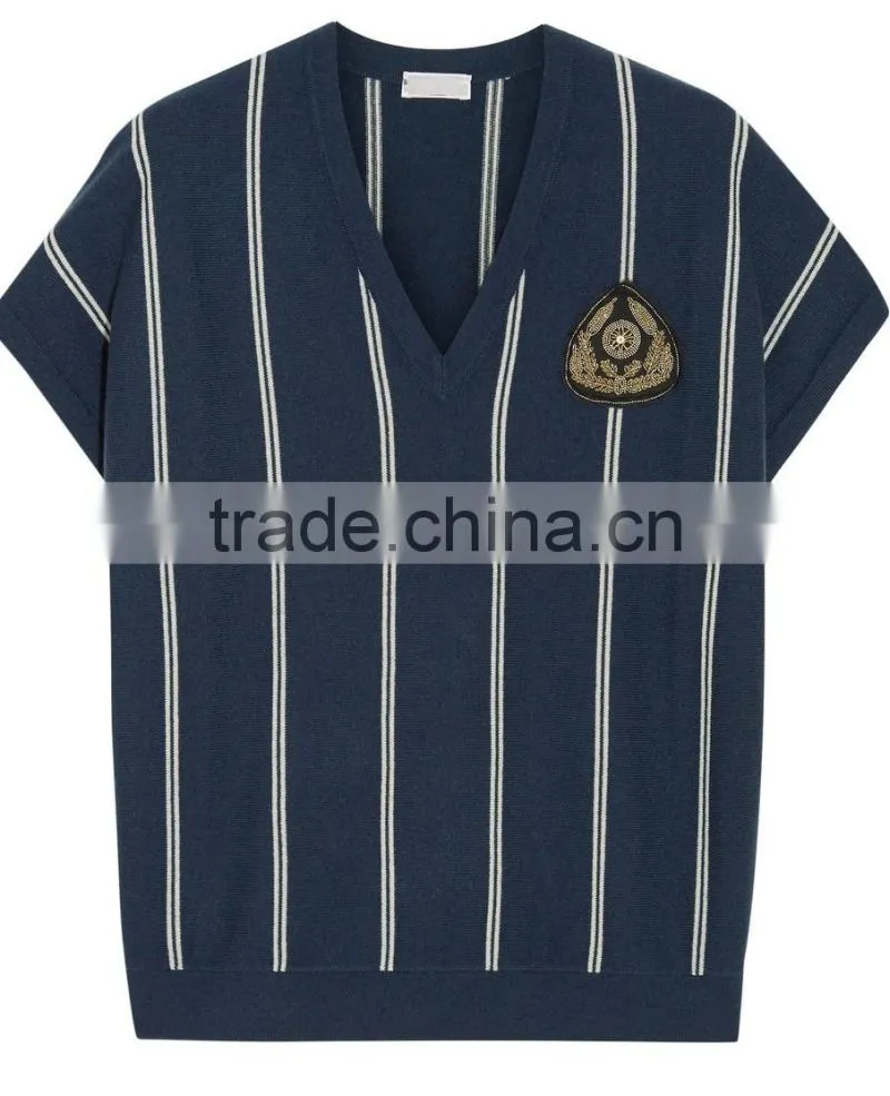 Hot Sale Navy and White Sleeveless Striped Knitted V-Neck Sweater for Women