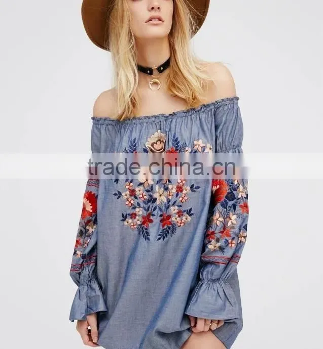 2017 Korean ladies off shoulder top long sleeve shirt embroidered blouses shirts