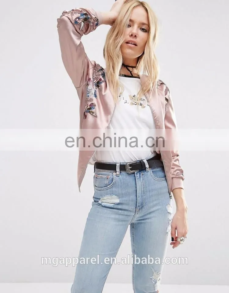 2016 Fashion women embroidered satin bomber jacket wholesale