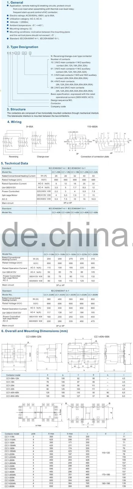 Industrial Controls AC Contactor CC1 Contactor Rated Conventional Heating Current 275A CC1-225N