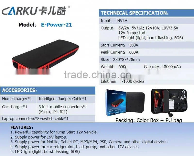 1st brand Carku Epower-Elite 12000mah battery jump starter for 12v car starter battery booster 18000mah jump starter Epower-21