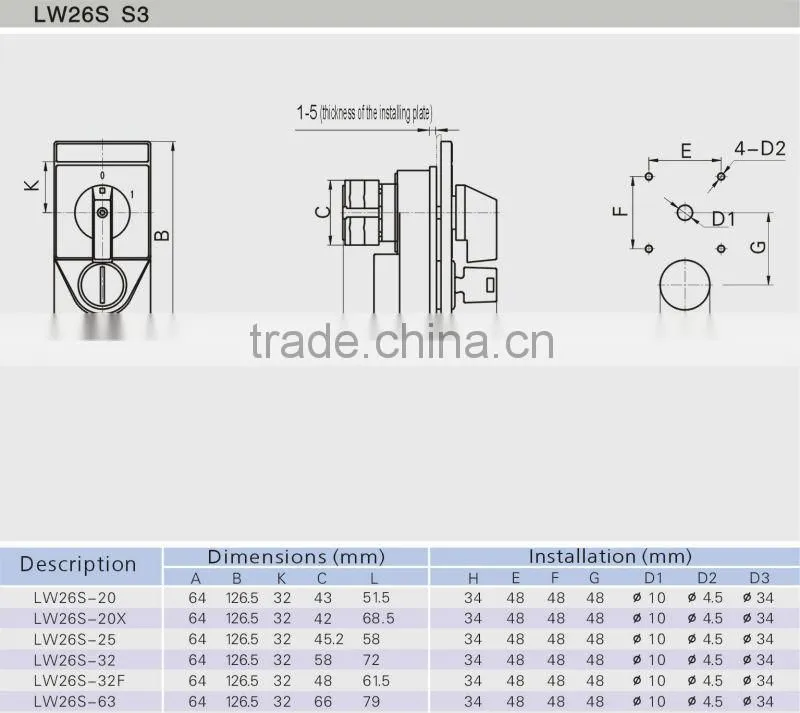 Selector Switch LW26S-20 key lock(CE Certificate) key switch selector 3-position rotary switch key switch selector