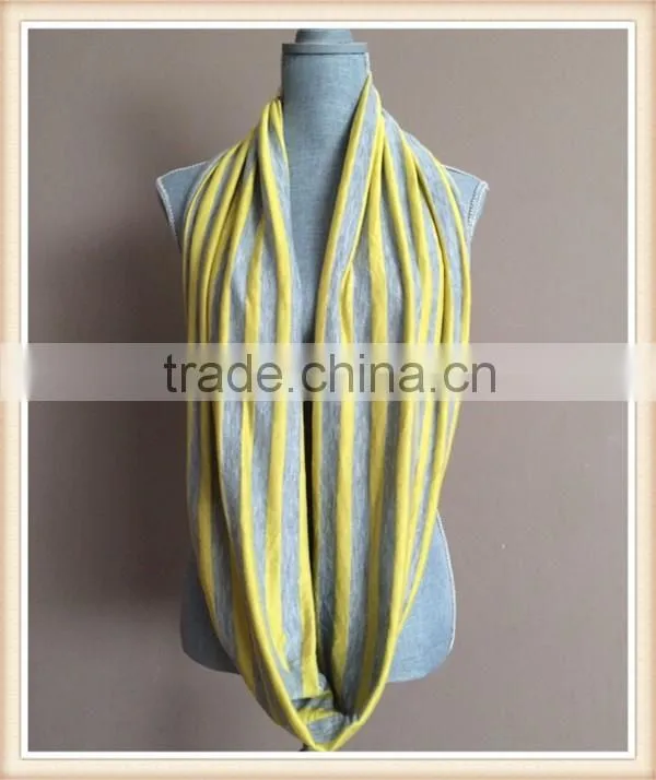 Infinity Scarf with Hidden Pocket - Reversible Heather Grey and Yellow Stripes