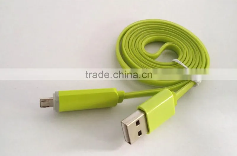 Flat Noodle Design Candy-colored Micro USB cable With Led Light for Android Smart Phone