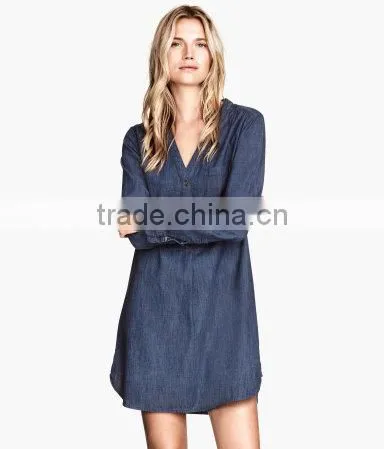 Women Long Sleeve V-neck Denim Shirt